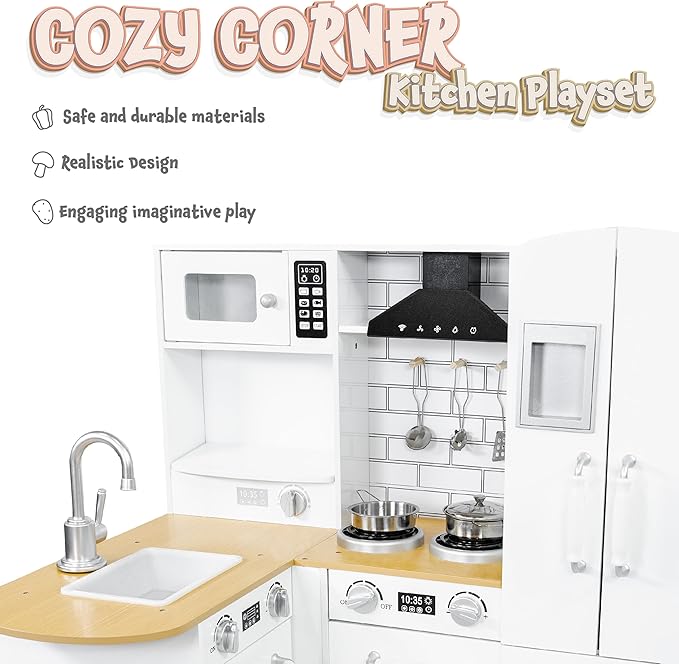Sunnydaze Cozy Corner Interactive Play Kitchen Set for Kids - Wooden Kitchen Playset with Stainless Steel Accessories - White