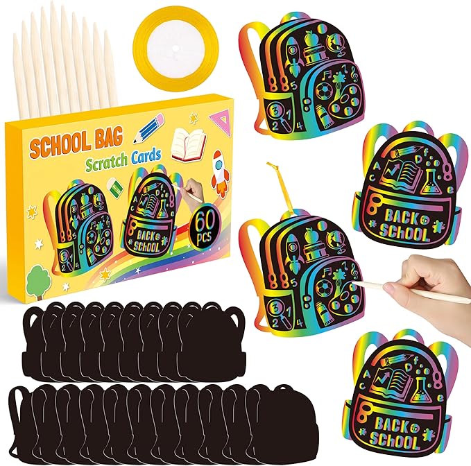 B1ykin School Bag Scratch Cards Gift - Back to School Magic Bag Scratch Paper Art Kit for Kids, DIY First Day of School Scratch Off Hanging Card Party Favors for Classroom Activity Art Project
