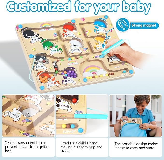Magnetic Color and Number Maze, Montessori Toys for 3+ Year Old, Wooden Puzzles Activity Board, Learning Educational Fine Motor Skills Travel Toys, for Kids Boy Girl
