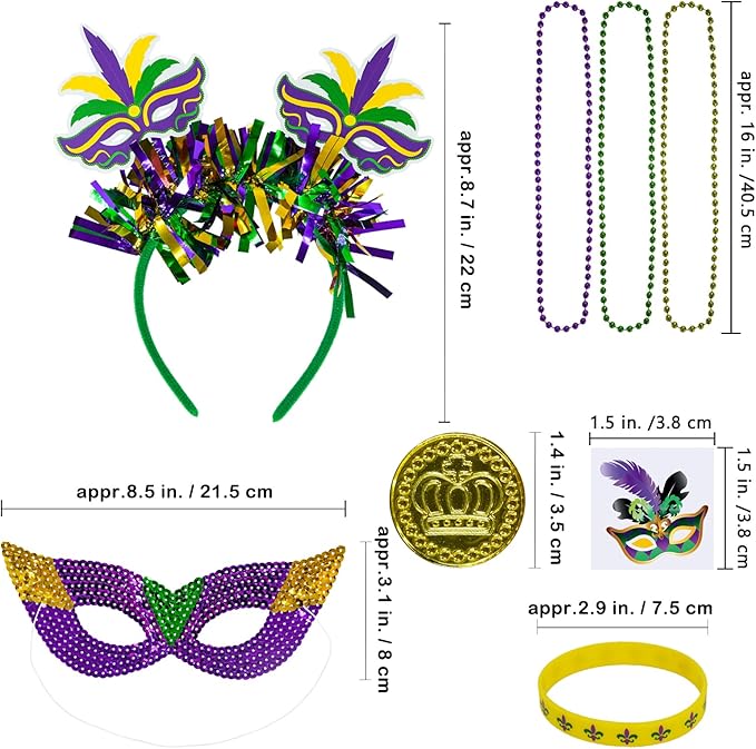 Winlyn 128 Pcs Mardi Gras Accessories Set Bulk Party Favors Supplies Mardi Gras Beads Necklaces Coins Head Boppers Bracelets Tattoos Purple Green Gold for Mardi Gras Masquerade Parade Décor