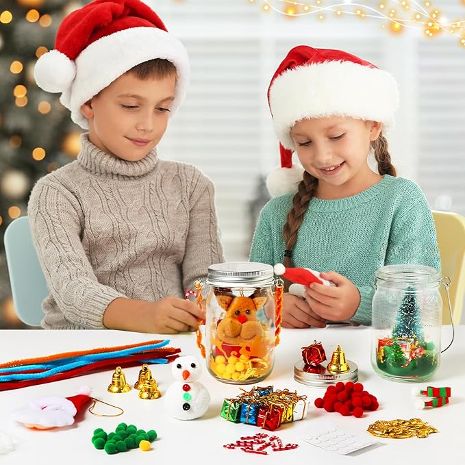 Christmas Crafts Activities For Kids Ages 3-12,4 Pack Glass Mason Jar for School Christmas Art Activities,Christmas Craft Supplies,DIY Lantern Jar for Gifts Christmas Party Favors,Classroom Prizes