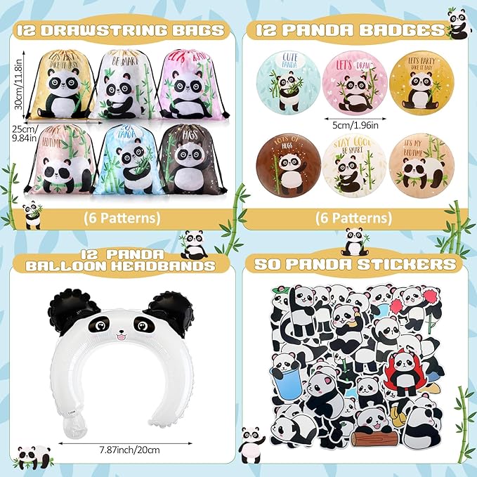 Abbylike 129 Pcs Panda Party Supplies Favors for Kids Panda Themed Birthday Party Supplies Gifts Include Panda Stickers Keychain Notebook Drawstring Bags Badges Pens Silicone Wristbands Headbands