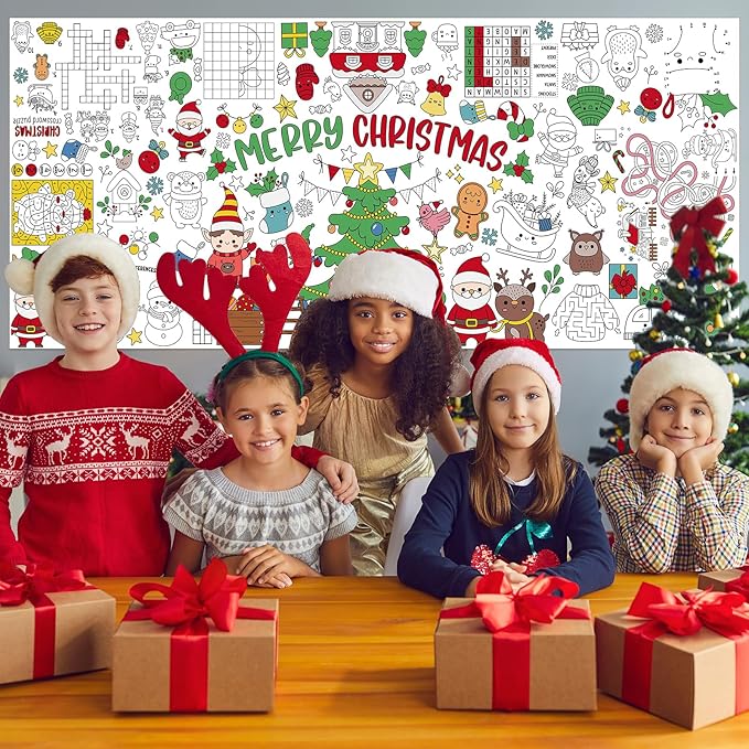 Christmas Giant Coloring Poster for Kids 30x72 Inch, Merry Christmas Large Coloring Tablecloth Banner, Christmas Color-in Activities Games for Kids School Classroom Home Party Supplies Decorations