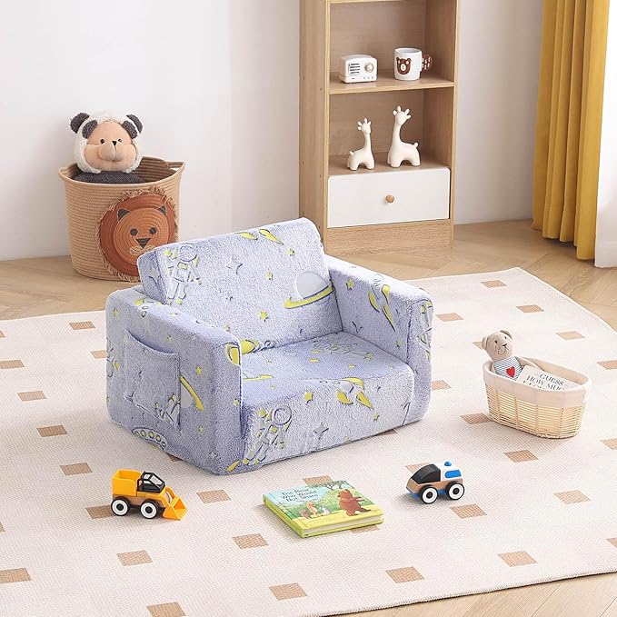 Tiita Kids Sofa, 2-in-1 Kids Sofa Chair, Convertible Children Couch to Lounger, Flip Out Kids Sofa Chair, Toddler Armrest Chair Bed, Folding Kids Play Sofa for Girl or Boy(Blue Astronauts)