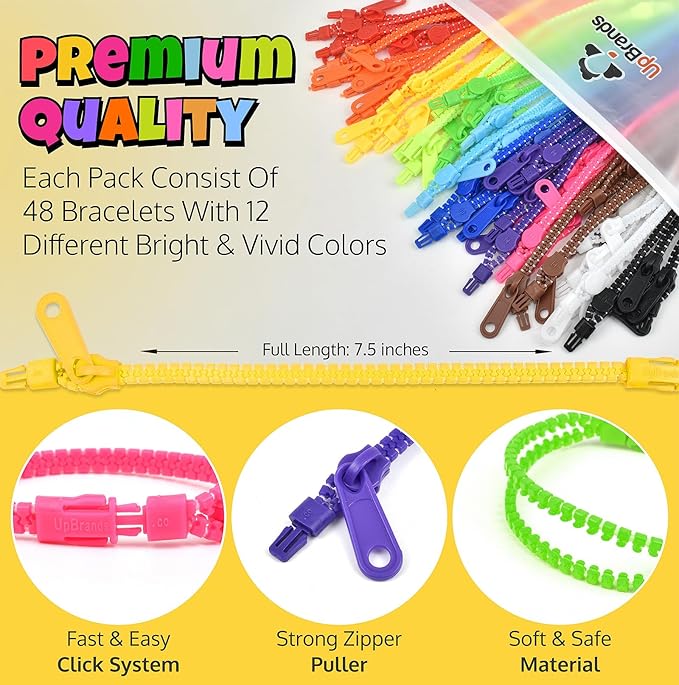 UpBrands 48 Prizes for Kids Zipper Bracelets 7 ½”, Fidget Party Favors for Kids, Sensory Toys Bulk Set, Neon Colors, Birthday Kit, Easter Egg, Treat Bags & Pinata Fillers