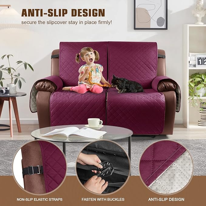 KinCam Waterproof Loveseat Recliner Cover, Non-Slip Reclining Couch Covers for 2 Seat, Recliner Sofa Cover Furniture Protector with Elastic Straps for Kids, Pets, Burgundy