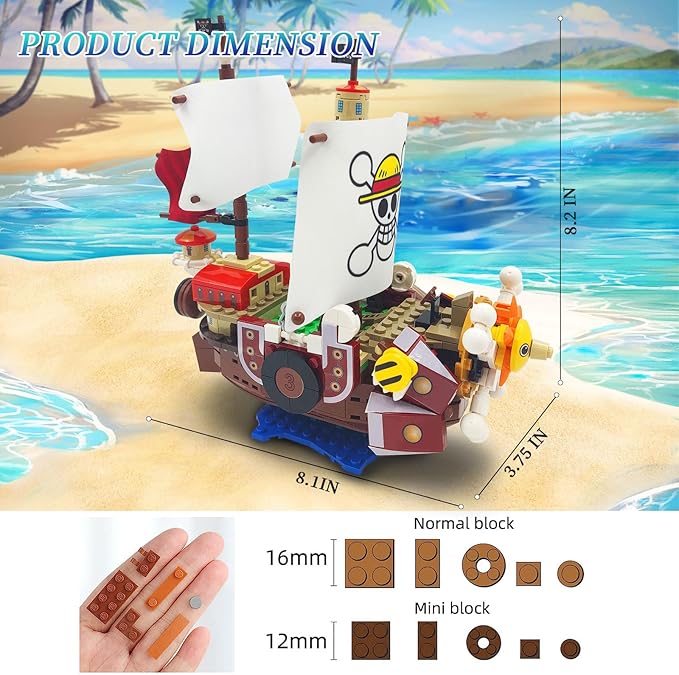 1 Piece Anime Thousand Sunny Ship Building Blocks Set with Light, Featuring 9 Action Main Figures, One Piece Merch Pirate Boat Model Building Ideal Gift for Kid, Fans(432 PCS)