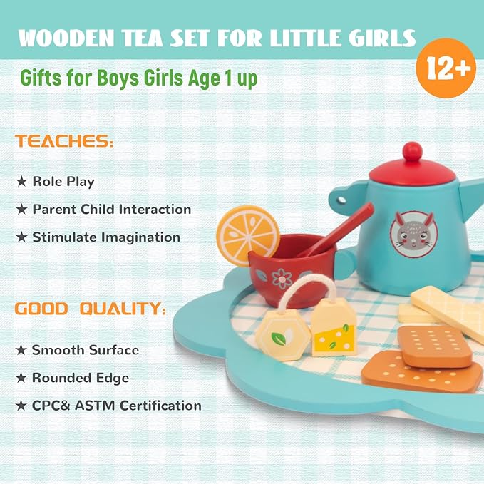 Wooden Tea Set for Little Girls, Play Food Pretend Play Kitchen Accessories for 3 4 5 Years Old Girls Boys, Toddler Princess Tea Time Party Food Toys