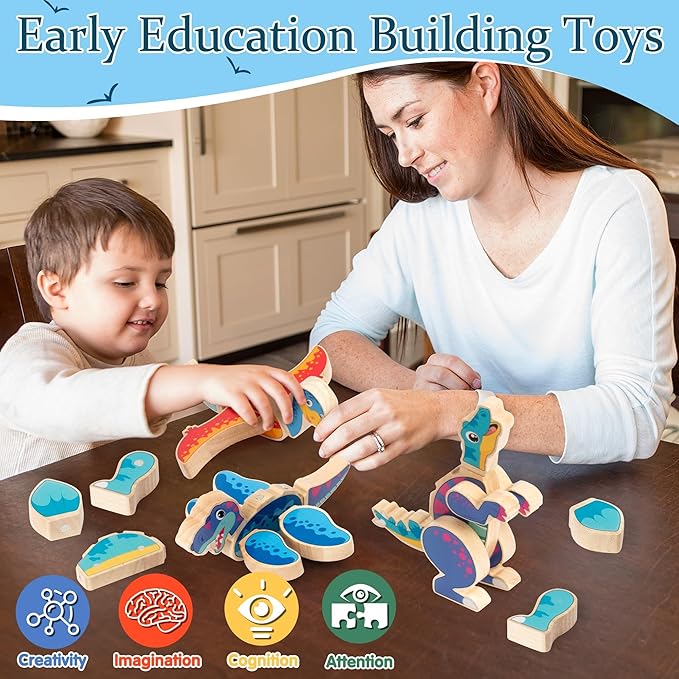 Dinosaur Snap Building Toys - Dinosaurs Snap Together Wooden Build Blocks Kits, Happy Little Animals Game, Educational Learning Wood Magnetic Take Apart Playset Toy, Birthday Gifts for Kids