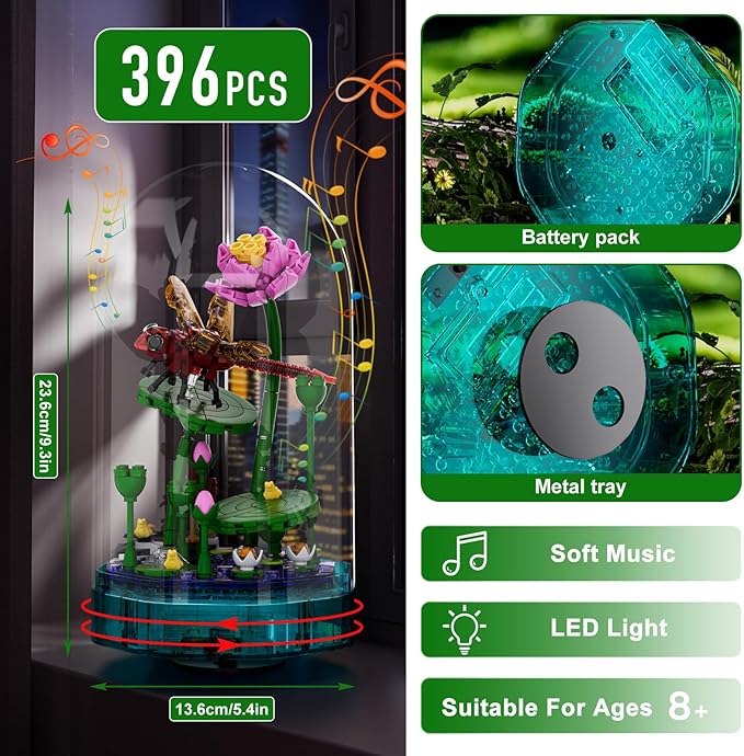 Mould King Insect Building Block Set, Creative Dragonfly Bug Kits Toys with Music Display Box, Collection Flower DIY Office Home Decor for Adutls Kids Girls 8+, 10106