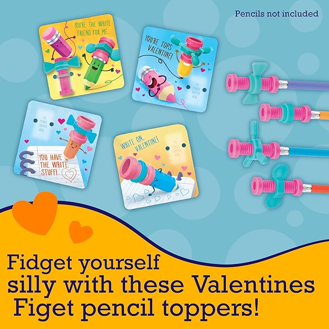 Peaceable Kingdom Valentines Cards for Kids Classroom, Set of 28 Valentines Day Gifts - Fidget Spinner Pencil Toppers