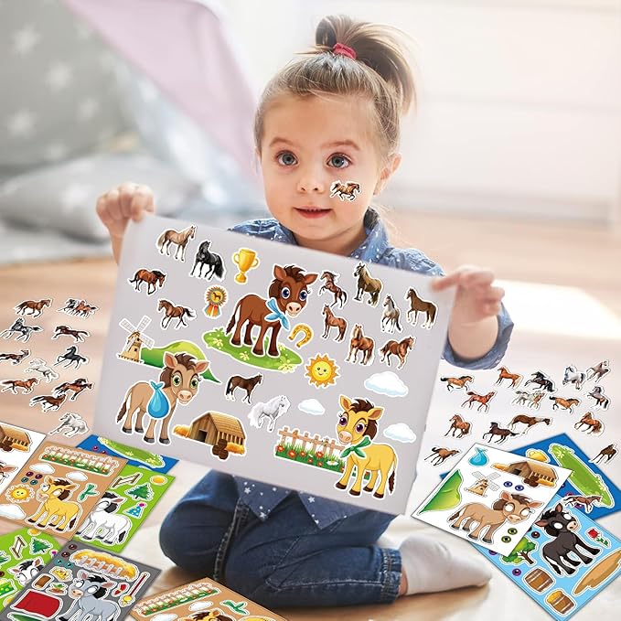 113 PCS Horse Party Favors Set, 41 Horse Stickers, 12 Goodie Bags,12 Button Badges, 12 Keychains, 12mini notepads,12 rubber bracelets for Cowboy Cowgirl Animal Horse Birthday Party Supplies (Blue)