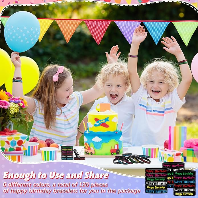 Sratte 120 Pcs Happy Birthday Rubber Bracelets for Kids Stretch Wristbands Bulk Birthday Bracelets for Classroom Student Back to School Gift Teacher Birthday Party Favors Supplies