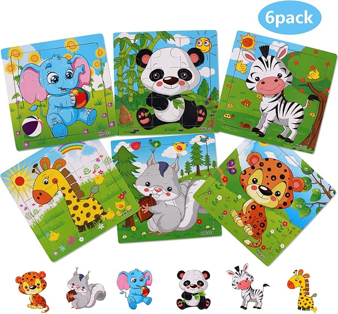 NASHRIO Wooden Puzzles for Toddlers 2-5 Years Old(Set of 6), 9 Pieces Preschool Educational and Learning Animal Jigsaw Puzzle Toy Gift Set for Boys and Girls