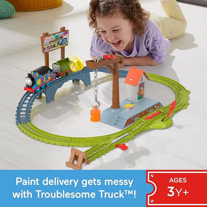 Thomas & Friends Motorized Toy Train Set Paint Delivery with Thomas & Troublesome Truck for Pretend Play Preschool Kids Ages 3+ Years