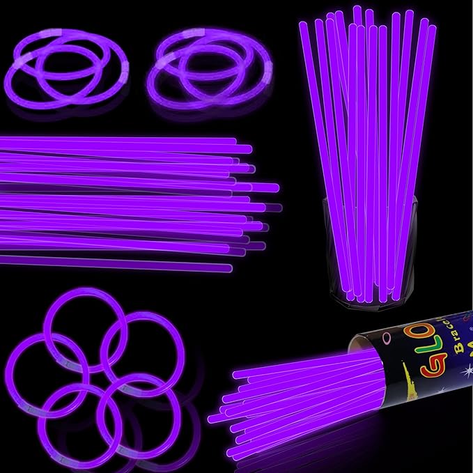 100 pk 8" Purple Glow Sticks Bulk Party Favors, Light up Glow Necklaces & Bracelets in the Dark Party Supplies For Christmas Halloween Mardi Gras Birthday Neon Party (100 * Purple)