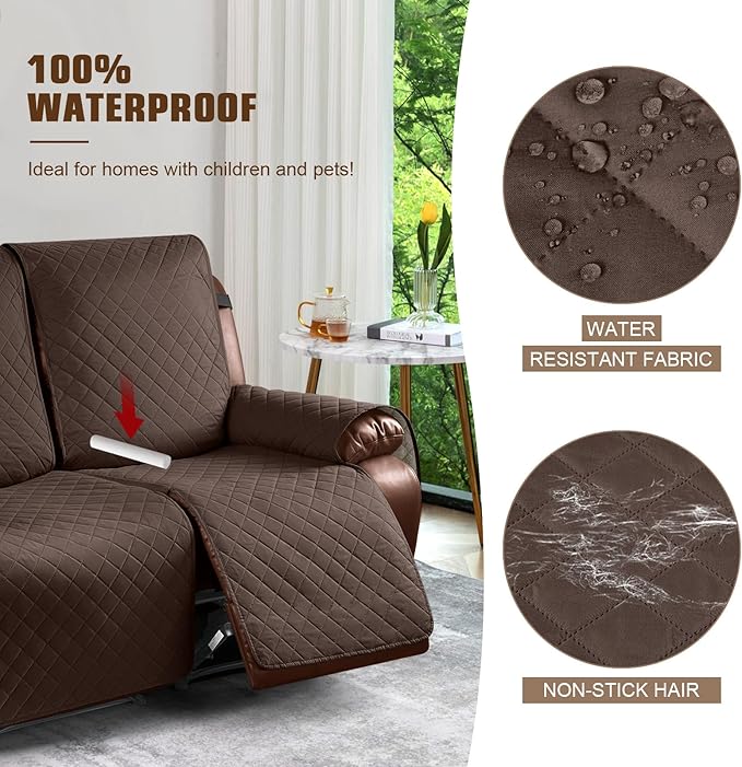 KinCam Waterproof Loveseat Recliner Cover, Non-Slip Reclining Couch Covers for 2 Seat, Recliner Sofa Cover Furniture Protector with Elastic Straps for Kids, Pets, Deep Brown