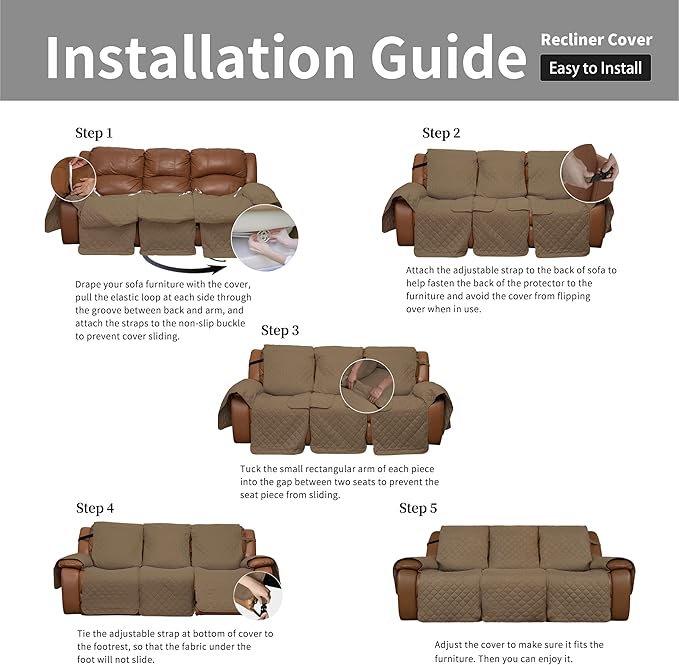 Easy-Going Oversized Recliner Sofa Cover, Reversible Couch Cover for 3 Seat Recliner, Split Sofa Cover for Each Seat with Elastic Straps for Kids, Dogs, Pets (3 Seater, Camel/Camel)