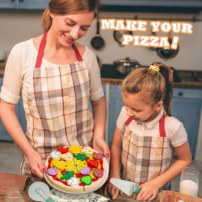 Wooden Pizza Toy Cutting Play Food,26Pcs Pizza Toys for Kids Ages 3-5,Kids Pizza Playset Pretend Play Kitchen Accessories,Play Pizza Set for Kids Wood Cooking Toys Birthday