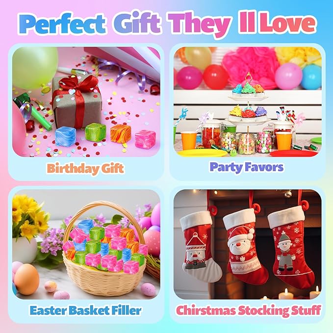 16 Pcs Fidget Stress Cube Bulk Ice Cube Stress Ball Anxiety Relief Soft Squeeze Sensory Ball for Party Favors Prizes Goodie Bag Stuffers (Pink,Blue,Green,Orange)