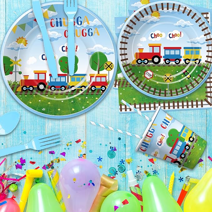 Train Birthday Plates And Napkins Party Supplies Dinnerware, Train Birthday Decorations, Plate, Cup, Napkin, Fork, Train Theme Chugga Choo Party Supplies For 1st 2nd 3rd Birthday | 24 Guests