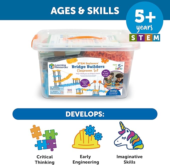 Learning Resources STEM Explorers Bridge Builders Classroom Set, 305 Pieces, Ages 5+, Building Toys, STEM Projects, Science for Kids