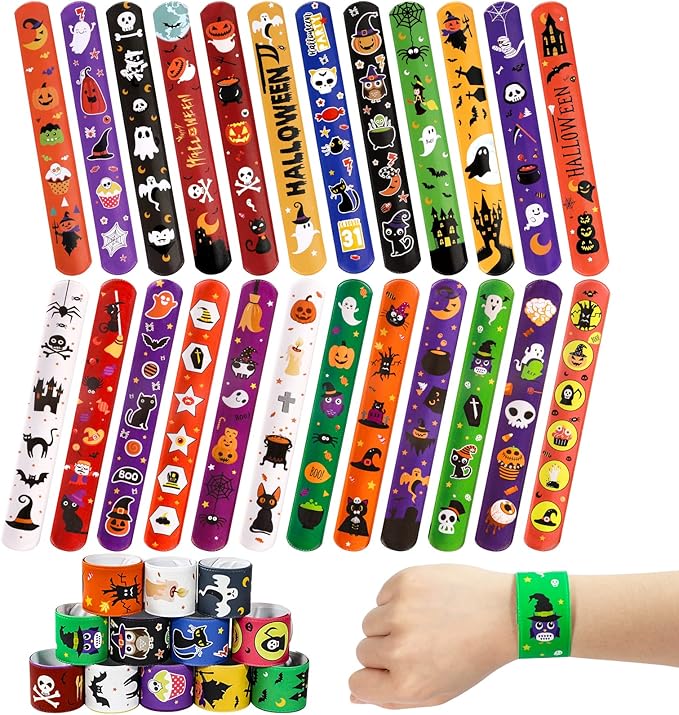 MGparty 72PCS Halloween Slap Bracelets 24 Halloween Theme Designs Spider Pumpkin Ghost Zombie Bat Witches Snap Bracelet for Kids Party Favors Toys Prizes Pinata Goodie Bags Fillers
