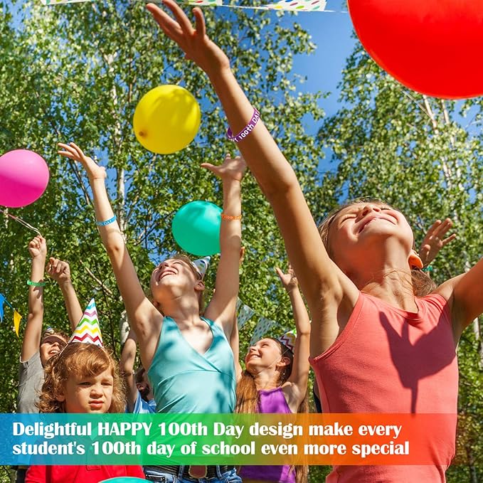 WILLBOND Happy 100th Day of School Silicone Bracelets Colorful Rubber Wristbands Gift for Kindergarten Teacher Student Rewards Classroom Party Supplies Decoration(65)