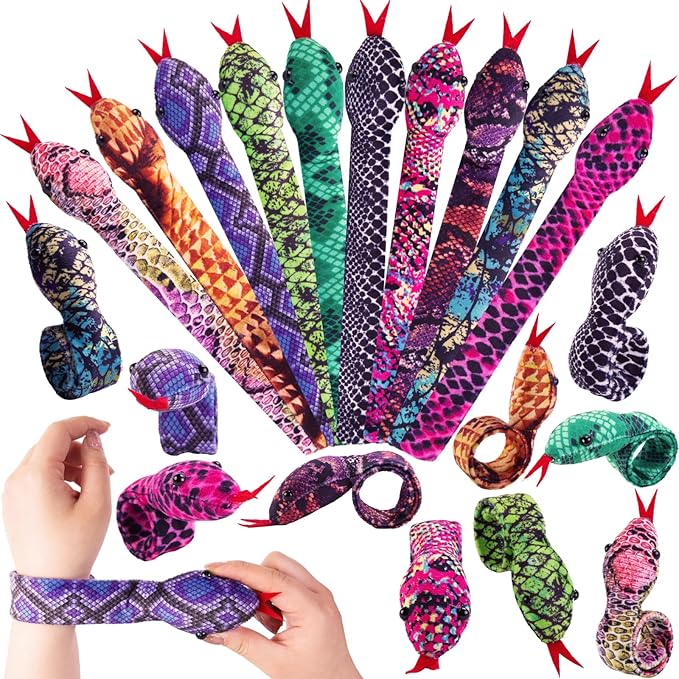 Shindel 10PCS Snake Slap Bracelets, Stuffed Snap Bands Reptile Snap Bracelets Fuzzy Animal Bracelet for Birthday Party Favors Halloween 10 Assorted Designs