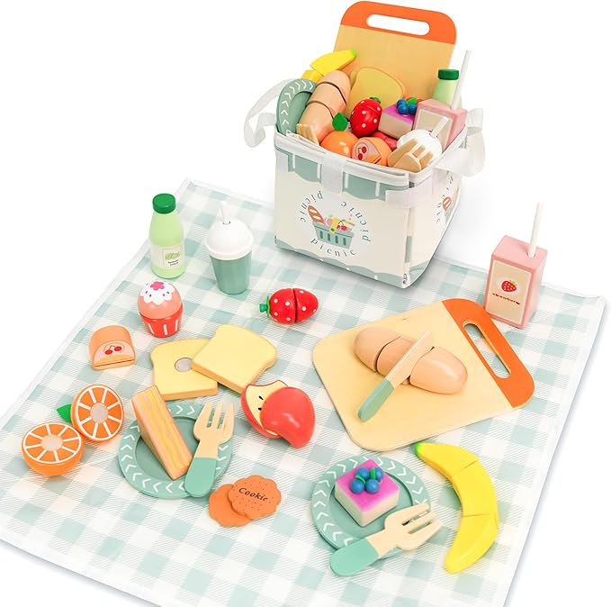 Picnic Playset - Wooden Play Food - Play Food Sets for Kids Kitchen - Pretend Food, Toy Food with Multifunctional Storage Bag, Non-Toxic Toy Picnic Set Best Gift for 3+ Toddlers