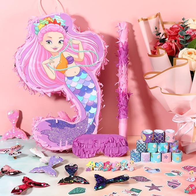 Wettarn 90 Pieces Mermaid Party Favors Includes Piñata Bundle 16 x 12 x 3 Inch, Mermaid Hairpin Slap Bracelets Rings Stickers for Kids Girls Mermaid Birthday Party Supplies Mermaid Goodie Bag Fillers