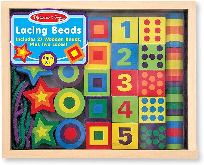 Melissa & Doug Deluxe Wooden Lacing Beads - Educational Activity With 27 Beads and 2 Laces For Toddlers, Fine Motor Skills Lacing Toys For Toddlers And Kids Ages 3+