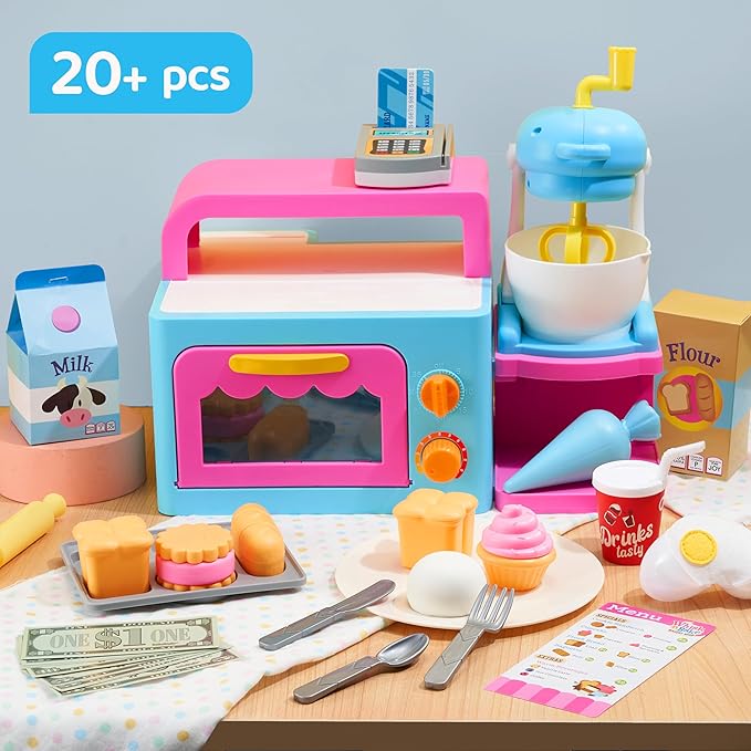 Toddler Pretend Play Toys, Bakery Shop with Light & Sound Oven, Realistic Mixer, Color Changing Bread, 20 Pieces Play Kitchen Accessories, Birthday Gift for Boys Girls Kids
