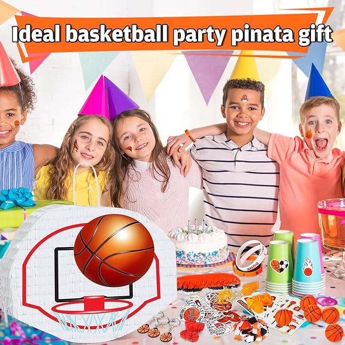 162 Pcs Basketball Piñata Basketball Party Favors with Blindfold Confetti Bat Stress Balls Keychains Wristbands Whistles Eraser Slap Bracelet Stickers Sports Piñata Birthday Party Decoration