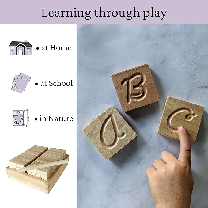 Montessori Cursive Wooden Alphabet Tracing | Preschool Learning Letter Tracing | ABC Flash Cards | Double Sided Uppercase and Lowercase | Includes Storage Box and Stylus Pen | Set of 26 Pieces