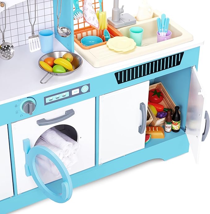 Lil' Jumbl Kids Wooden Blue Color Kitchen Set, Pretend Working Sink with Real Running Water, Includes Range Hood, Microwave & Stove Top That Make Realistic Sound & Light, Full Accessory Set Included