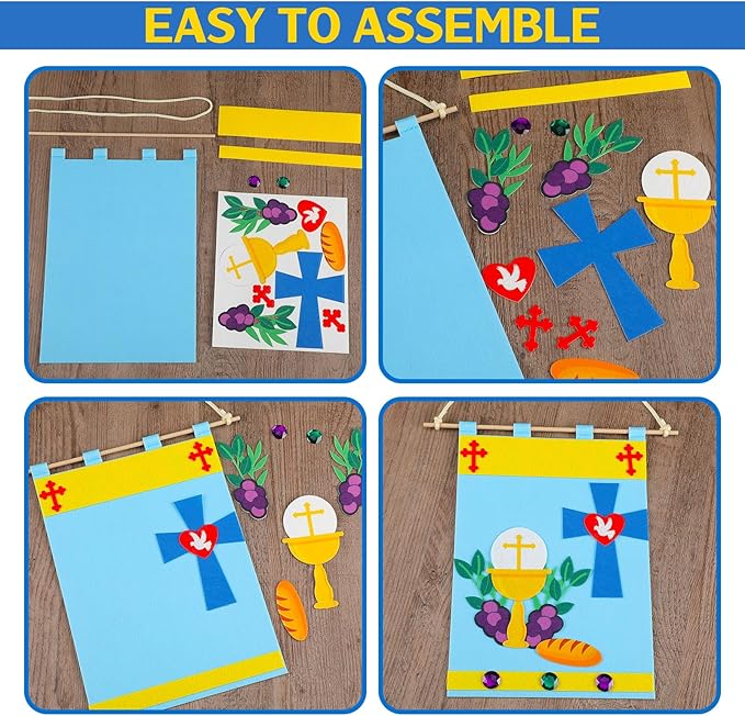 12 Set First Communion Banner Craft Kit Felt Holy 1st Communion Banner Church and Sunday School Crafts for Kids DIY Craft Supplies Decor, 9 x 12 Inches(Classic Style)