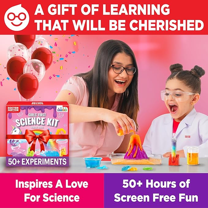 Doctor Jupiter Girls’ First Science Kit for Kids Ages 4-5-6-7-8-9-10-11-12 | Birthday Gift Ideas for 4+ Year Old Girls | STEM Learning & Educational Toys | 50+ Experiments Starter Science Series