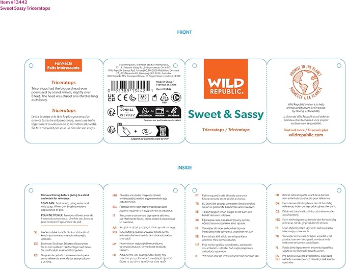 Wild Republic Triceratops Plush, Stuffed Animal, Plush Toy, Gifts for Kids, Sweet & Sassy 12 Inches