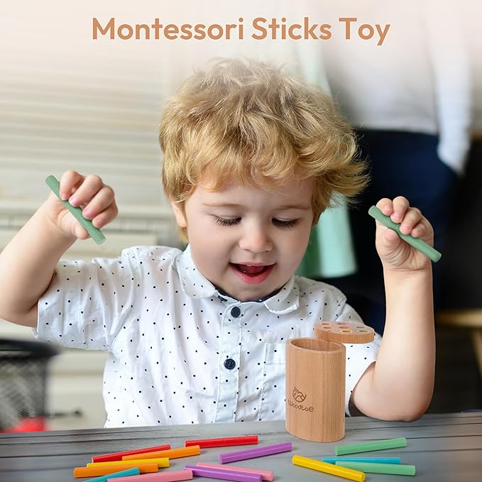 Wooden Montessori Sticks Toys for 1-3 Year Old, 7 Colors Sorting Learning Toys for Toddlers 1 2 3, Developmental Sensory Toys for Babies, Fine Motor Skills Travel Gifts for Baby Boys Girls