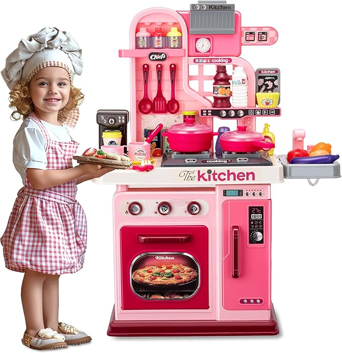 Kids Kitchen Playset-53pcs Cooking Stove,Paly Sink,Oven,Kitchen Toys with Realistic Lights&Sounds,Pretend Play Toys,Kitchen Toys for Toddlers 1 2 3 (Pink)