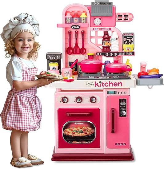 Kids Kitchen Playset-53pcs Cooking Stove,Paly Sink,Oven,Kitchen Toys with Realistic Lights&Sounds,Pretend Play Toys,Kitchen Toys for Toddlers 1 2 3 (Pink)