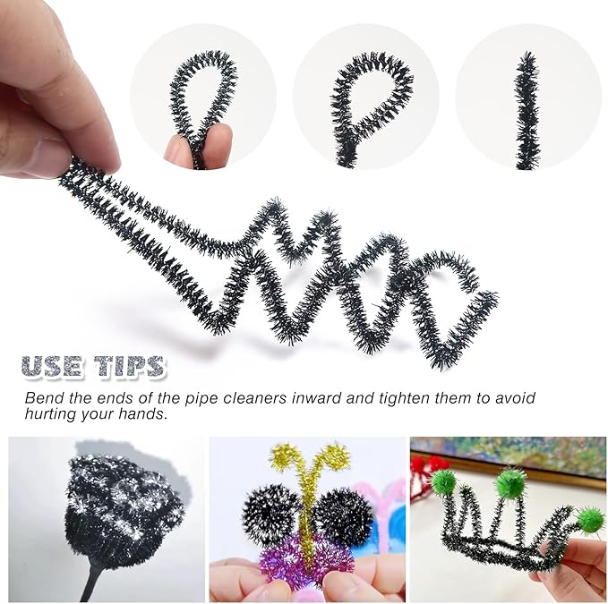 TOAOB 100pcs Christmas Glitter Pipe Cleaners Black Metallic Pipe Cleaners Craft Supplies 6mm x 12 Inch Chenille Stems Pipe Cleaners for Art DIY Crafts Decorations