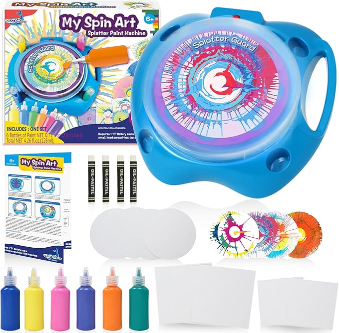 Spin Art Machine Variable Speed, Battery Operated Spinner - Paint Spinner with Splatter Guard, Washable Paint, Spin Art Kit, Art Design Card, Stem Toys, Kid Arts and Crafts, Girls Boys