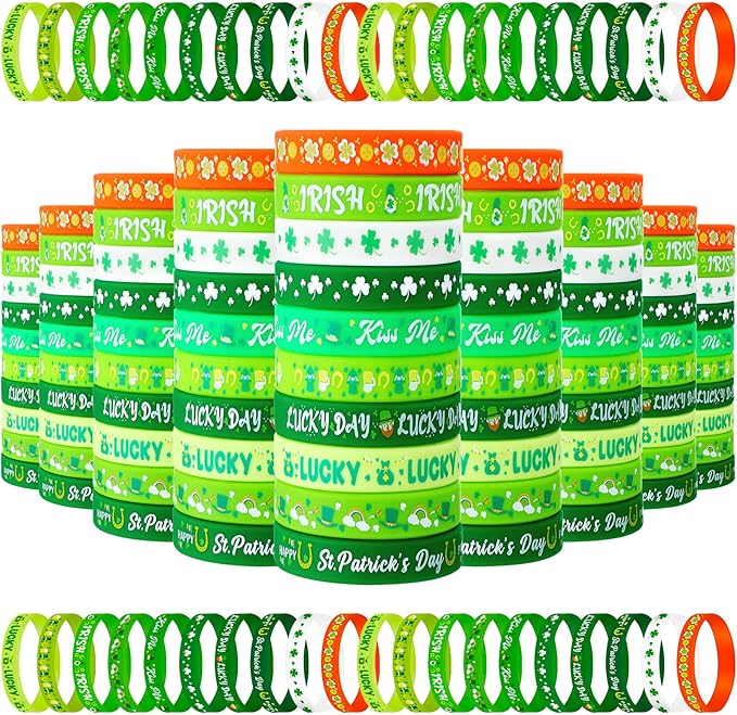 Wettarn 100 Pcs St. Patrick's Day Rubber Wristbands St. Patricks Day Silicone Bracelet Shamrock St Patricks Day Bracelets Green Rubber for St. Patrick's Day Party Favors Supplies School Gift Supplies