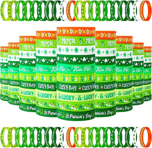Wettarn 100 Pcs St. Patrick's Day Rubber Wristbands St. Patricks Day Silicone Bracelet Shamrock St Patricks Day Bracelets Green Rubber for St. Patrick's Day Party Favors Supplies School Gift Supplies