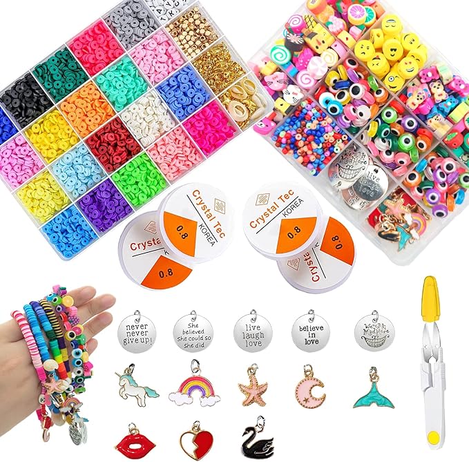 Wakestar Clay Beads Bracelet Making Kit,Flat Round 6mm Clay Beads for Jewelry Making with Pendant Charms Kit,Art Crafts Gift Sets for Girls Ages 3 4 5 6 7 8 9 10 11 12