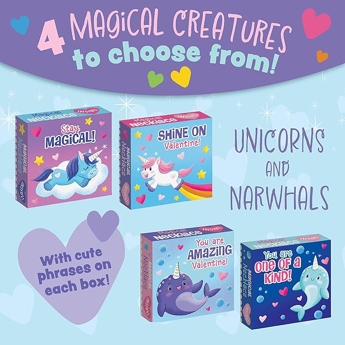 Peaceable Kingdom Valentines Cards for Kids Classroom, Set of 28 Valentines Day Gifts - Magical Friends Unicorn and Narwhal Horn Necklaces