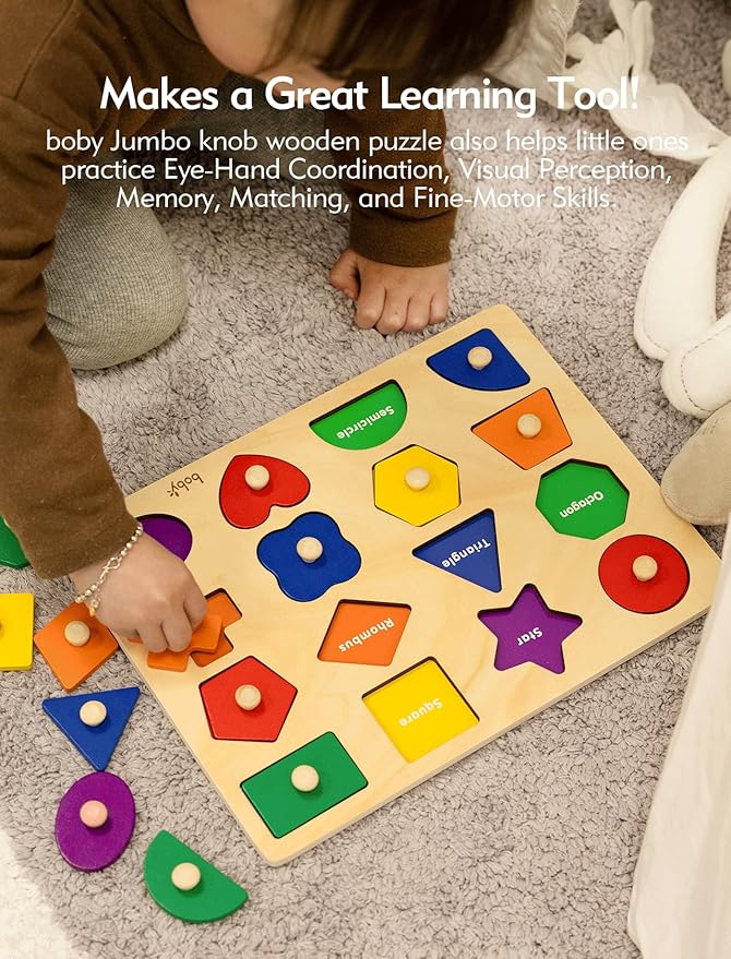 Boby Montessori Puzzles for Babies 8-12-18-24 Months, Wooden Jumbo Knob Peg Puzzle Shape Sorter for Toddlers 1-3 Year Old, Early Learning Sensorial Toys (Montessori Shapes Puzzle(16 Pieces))