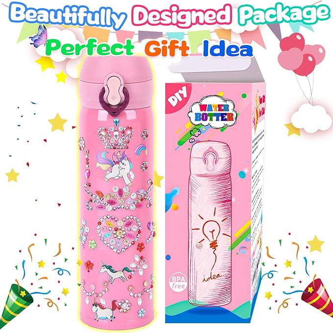 YOFUN Decorate Your Own Water Bottle with 11 Sheets of Unicorn Stickers & Glitter Gems, Craft Kit & Art Kit for Children, Gift for Girls Age 4 5 6 7 8 9 10 Years Old Kids, BPA Free Insulated (Pink)